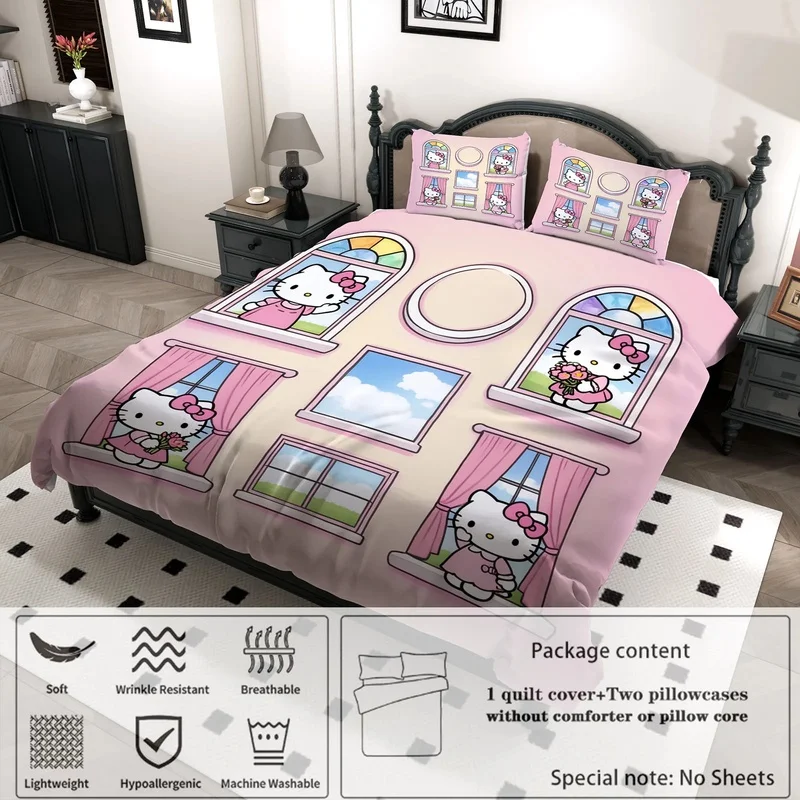 3D Hello Kitty Window View Bedding Set 3‑Piece Pink Curtain Flower Duvet Cover Set Girls Bedroom Decor Gift