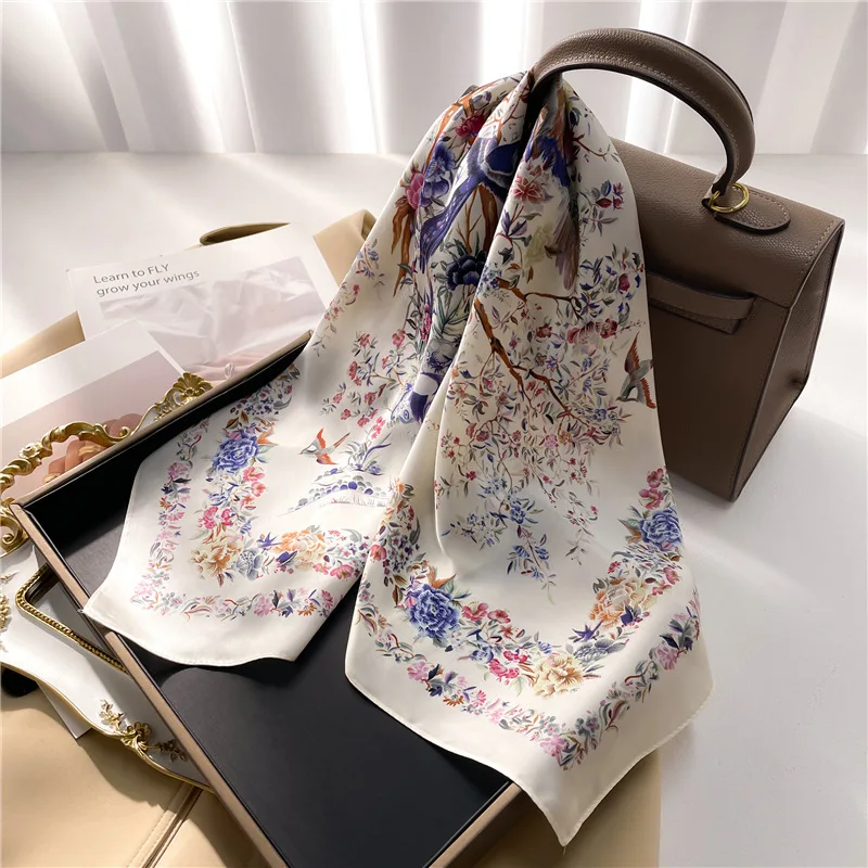 Luxury Plant Floral Print Square Scarf for Women Satin Fashion Wraps Neckerchief Female Hair Bands Headband Bandana