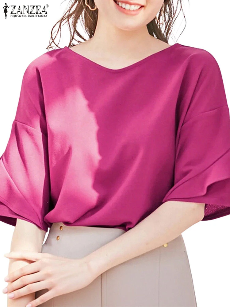 ZANZEA 2025 Summer Women Fashion Blouse Sexy V-Neck Solid Color Shirt Short Sleeve Ruffle Elegant Tunic Tops Casual Loose Blusas