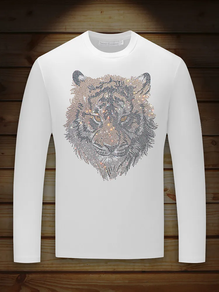 Spring Autumn New Fashion Men Tiger Head Rhinestone Long Sleeve T-Shirt Black White Casual Fitted Street Round Neck Tops