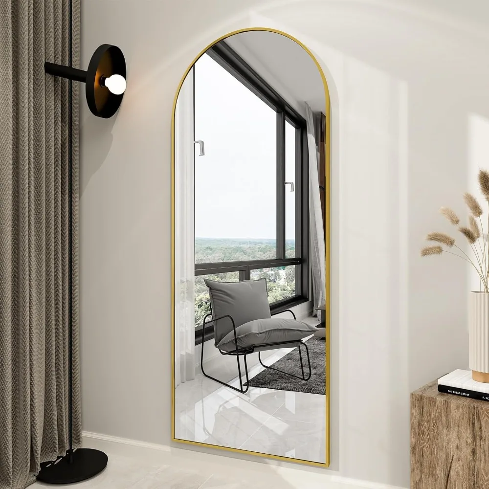 Espelho de piso em arco de 65 "x 24", espelho de parede de comprimento total pendurado ou inclinado espelho de corpo inteiro com parte superior arqueada com suporte