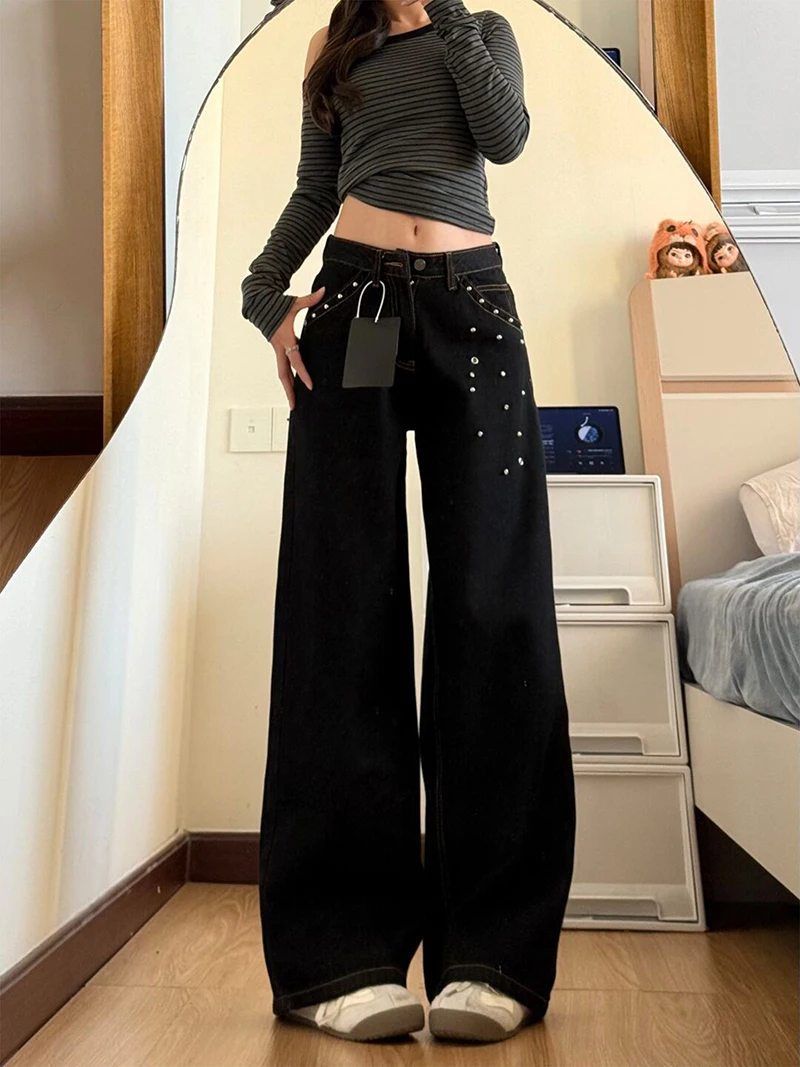 

Ретро женские джинсы в корейском стиле с заклепками, с высокой талией, широкие штанины, весна 2026, новые черные повседневные джинсовые брюки с карманами