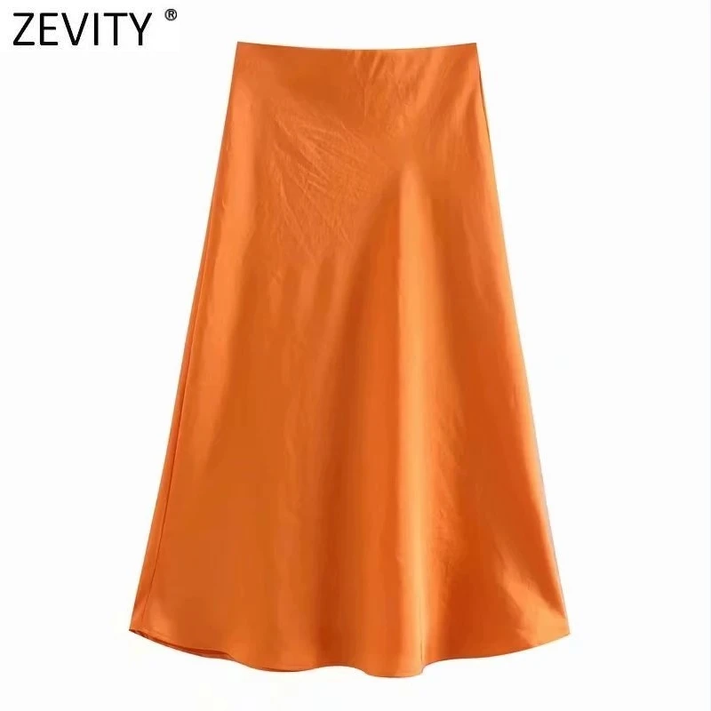 Zevity 2021 Elegant Women French Style Solid Color Soft Satin A Line Skirt Faldas Mujer Female Casual Summer Midi Skirts QUN820