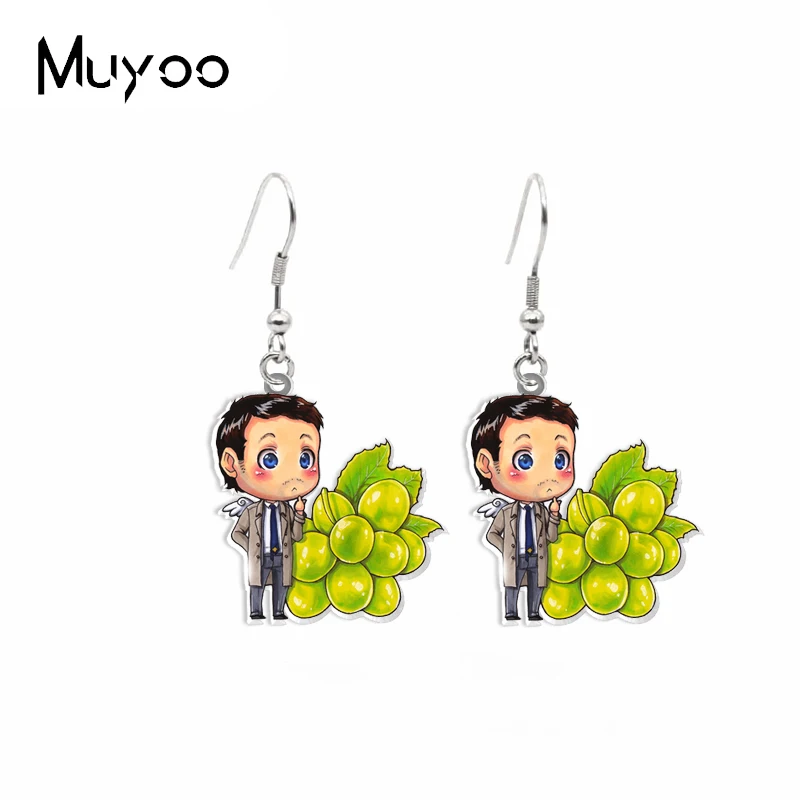 2021 New Acrylic Dangles Supernatural SPN TV Show Dean Sam Characters with Fruits Epoxy Fish Hook Earrings