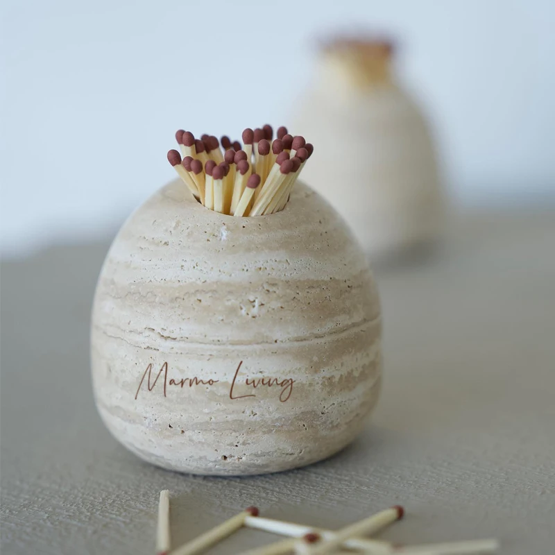 

Travertine Match and Toothpick Holder Cute Multi-Purpose Storage Jar for Cotton Swabs Decorative Bathroom Vanity Home Decor