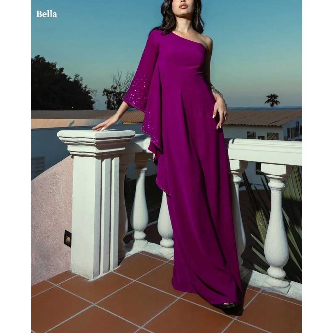 

Bella Customized Magenta One Shoulder Prom Dress Sequin Bell Sleeve Flowy Floor Length Formal robes de soirée Party Dresses Gown