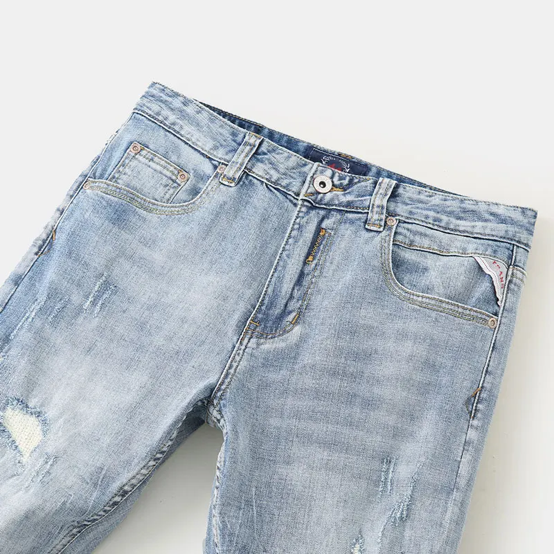 Fashion Designer Men Jeans Retro Light Blue Elastic Stretch Slim Ripped Jeans Men Patchwork Vintage Casual Denim Pants Hombre