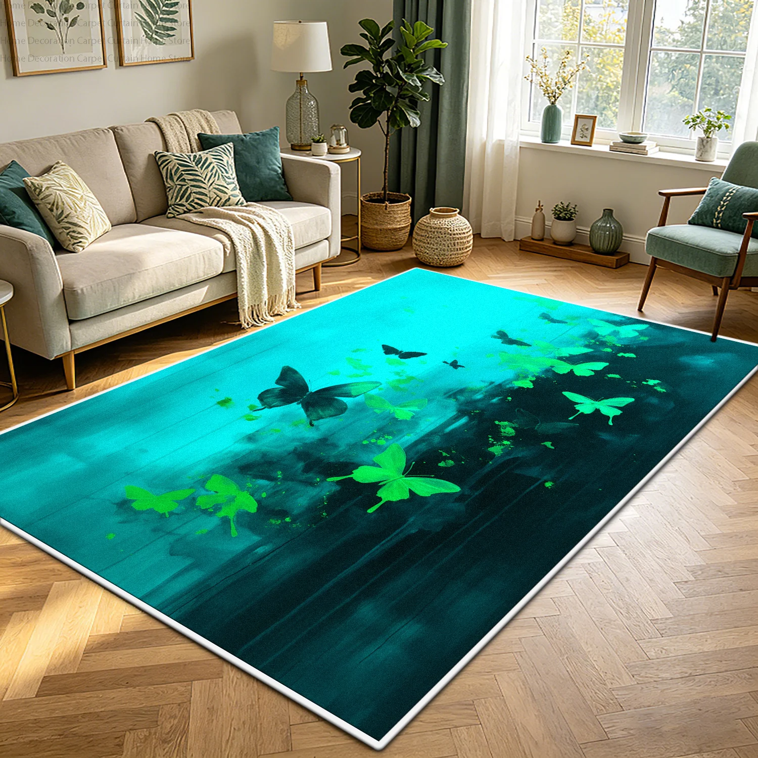 Modern Teal Butterfly Abstract Carpet Non-slip Living Room Washable Bedroom Large Size Rugs Short Velvet Floor Mat Customizable