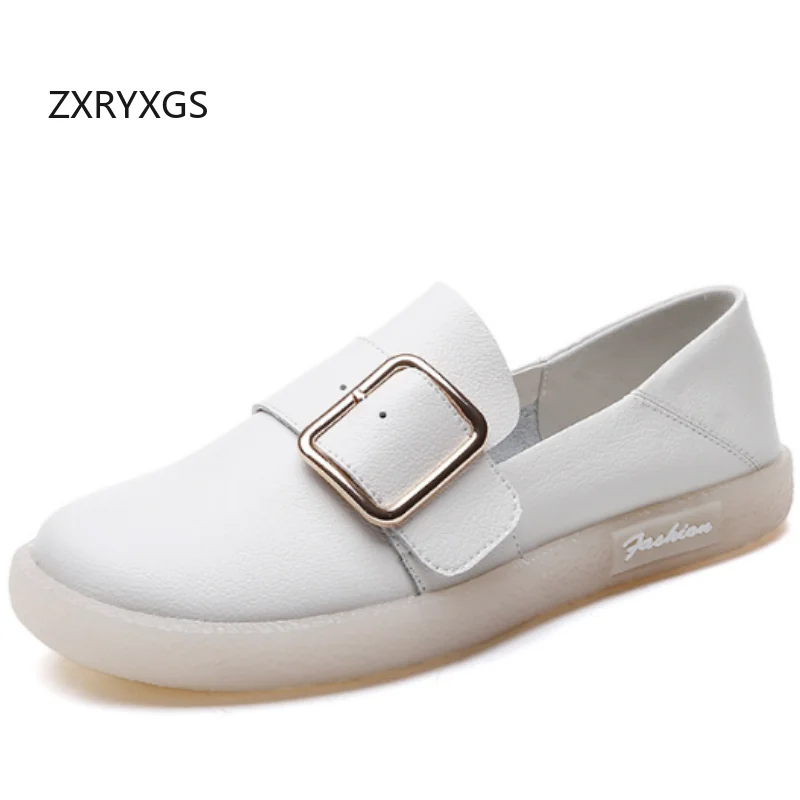 ZXRYXGS British Style Real Leather White Shoes Women's Flats 2025 Fresh Sweet Single Shoes Flat Soft Sole Fashion Casual Shoes