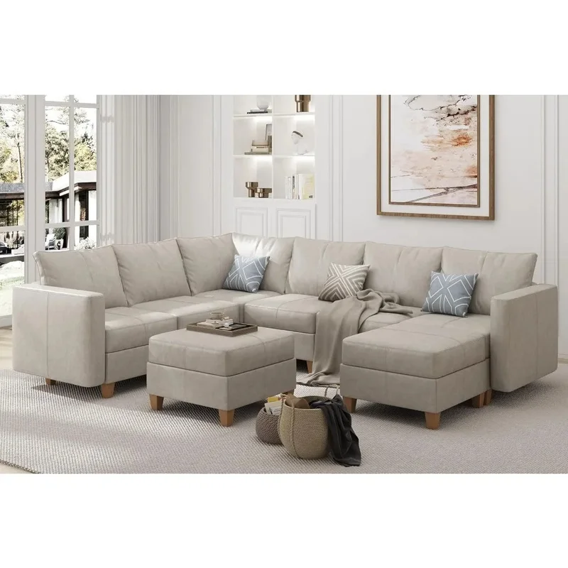 U-shaped Modular Sofa with Storage, Faux Leather Large Sectional Sofa for Modern Living Room