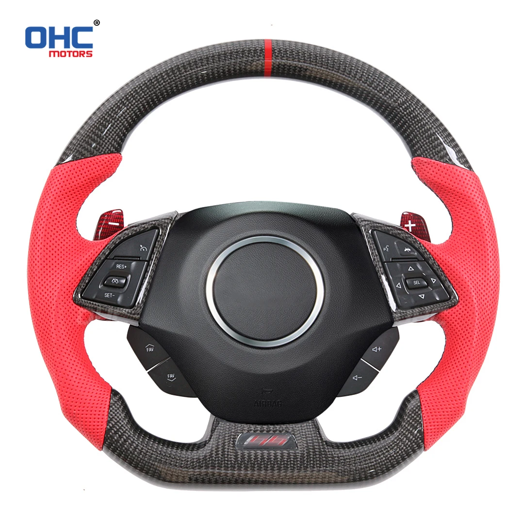 OHC Motors Customized 100% Real Carbon Fiber Leather Sporty Race Steering Wheel Compatible for 2014-19 Chevrolet Corvette C7 ZR1