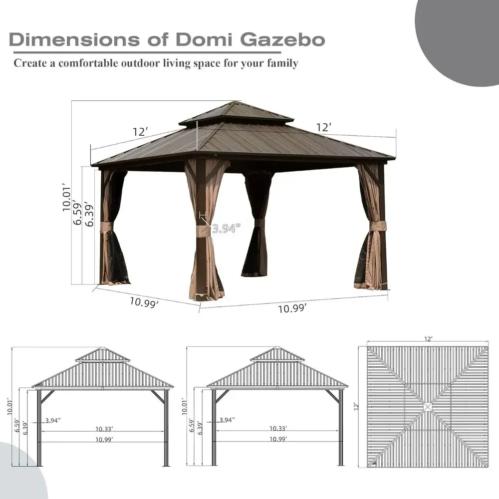 12' x 12' Outdoor Metal Gazebo with Galvanized Steel Roof, Heavy-Duty Curtains and Netting, Perfect for Backyard or Garden.