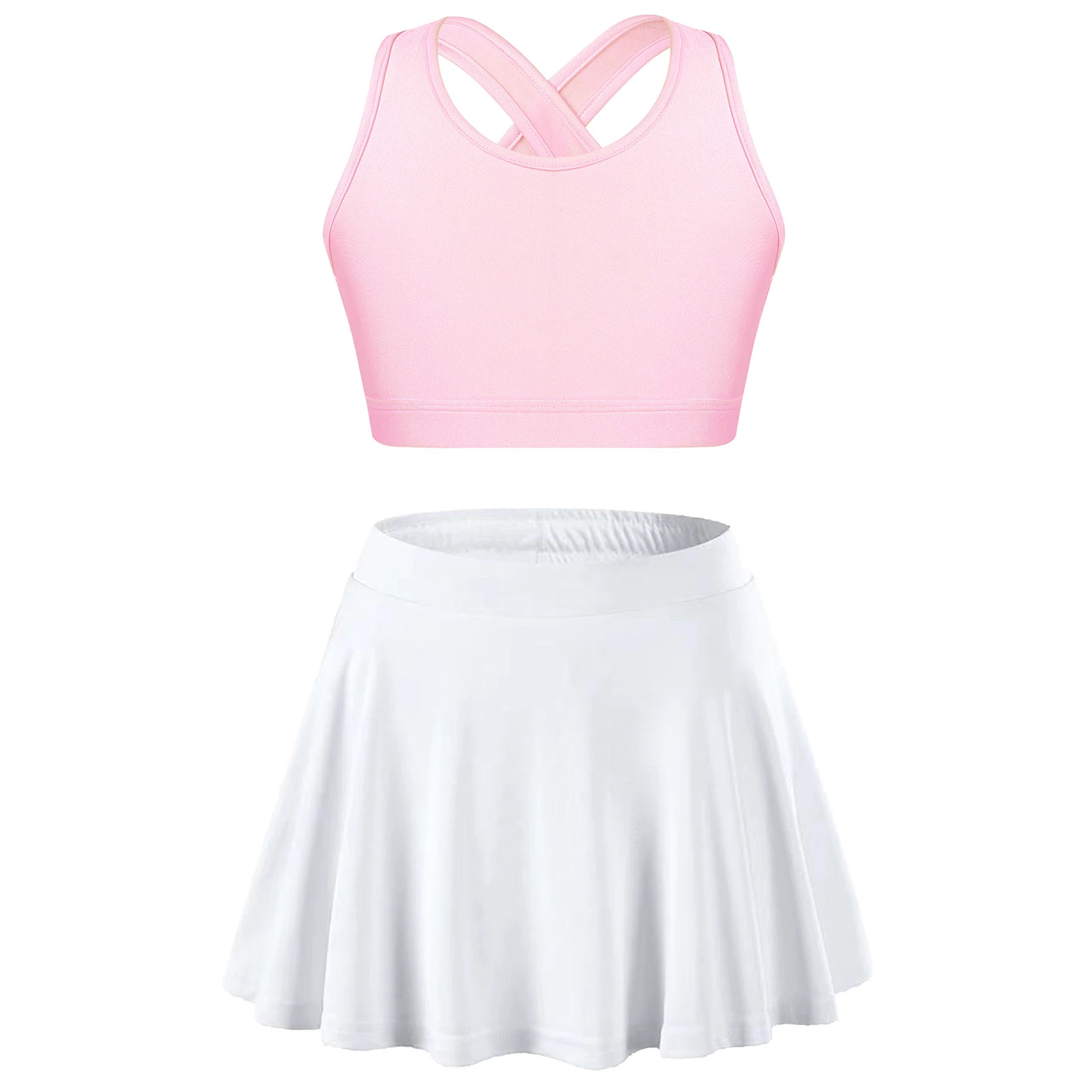 Kids Girls Sleeveless Crop Top Pleated Skort Skirt Sports Suits Tracksuits Child Two Pieces Sportswear for Tennis Workout Outfit