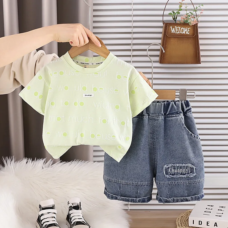Baby Boys Summer Suit 2026 Toddler Boy Polka Dot Letter Short Sleeve T-shirts and Denim Shorts Two Piece Set Children's Clothes