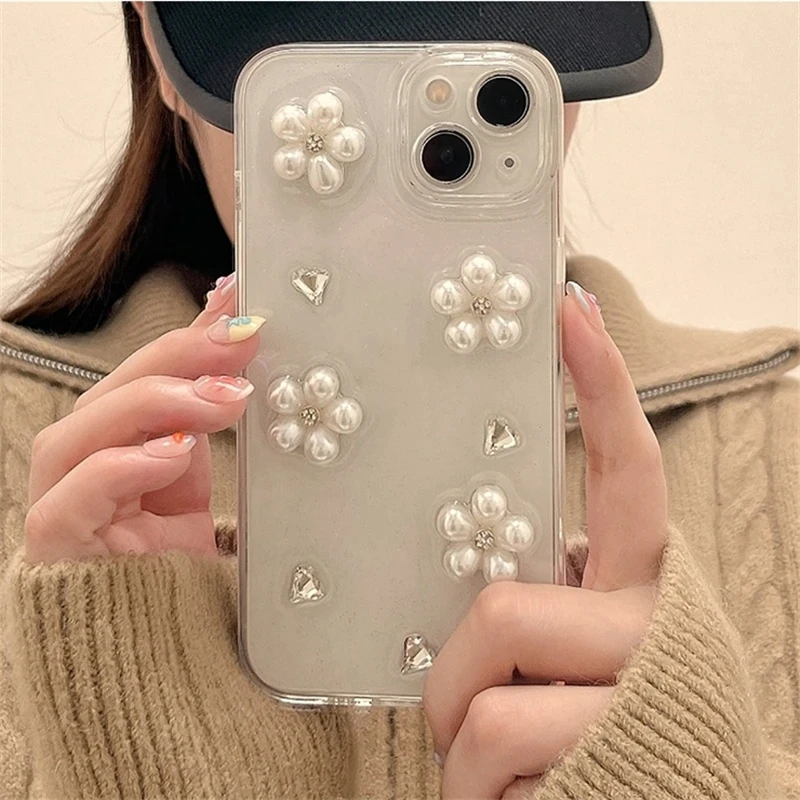 REPL3D Pearl Flower Bling Glitter bal inestone Phone Case, iPhone 15 14 13 12 Pro Max, INS Girl, Cute Clear Election Xy Cover Shell