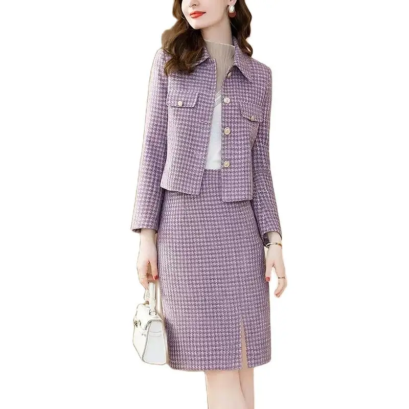 2022 New Autumn Winter 2PCS Retro Two Piece Set Ladies Fashion Temperament Short Jacket + Skirt Female Elegant Lattice Suit