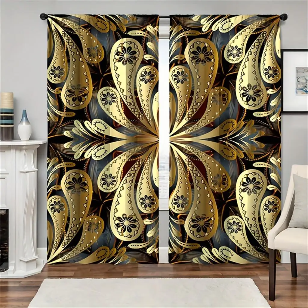 2 Pcs 3D Golden Jewel Flower Curtains Luxury Embossed Pattern Living Room Bedroom Sun Shade Curtains European Style Decor