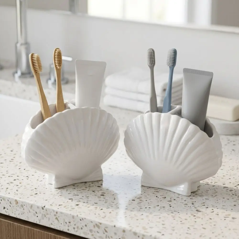 3D Seashell Shell Toothbrush Holder Coastal Style Aesthetic Toothpaste Toothbrush Stand Plastic Beach Theme Pen Holder