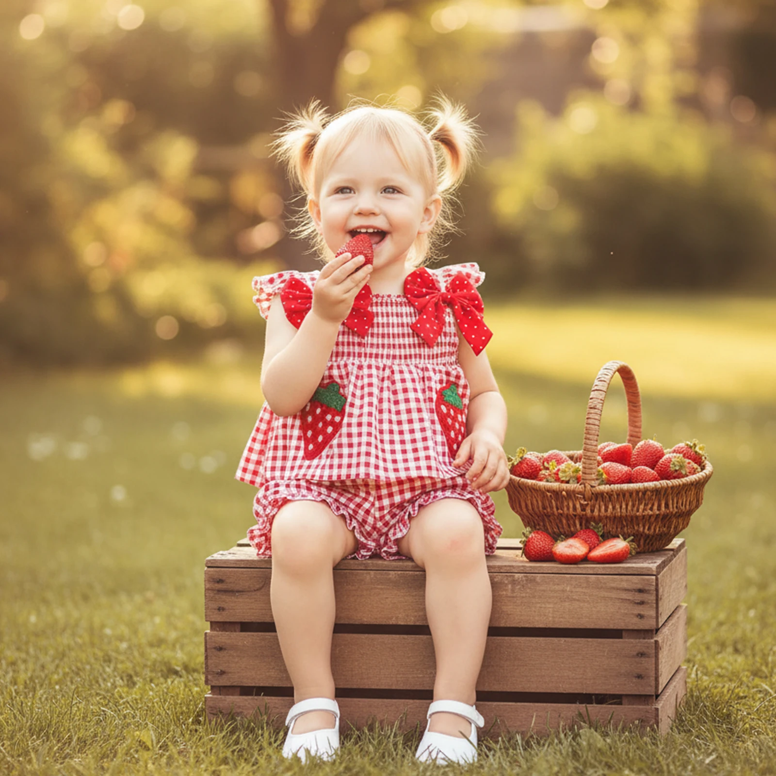 Sweet Toddler Baby Girl Summer Outfit Strawberry Embroidered Plaid Bows Ruffled Trim Tank Tops Shorts 2 Pcs Gils Set