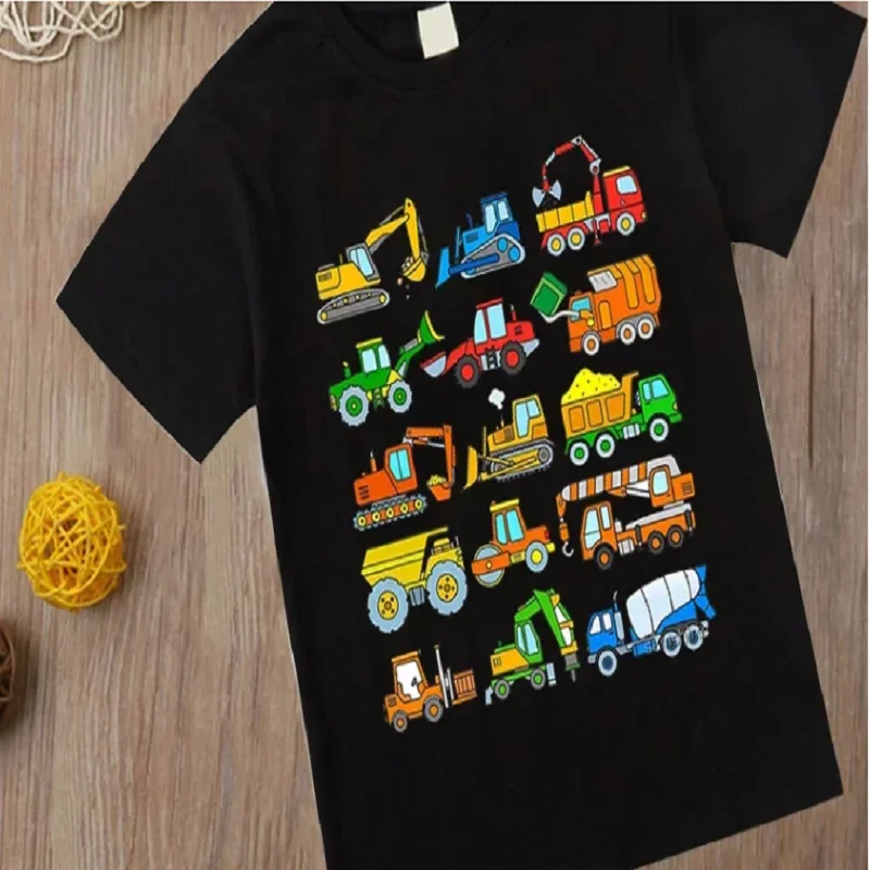 T-shirt à manches courtes et col rond pour garçons et filles, imprimé de véhicules d'ingénierie de construction, décontracté, ample, pour tous les jours