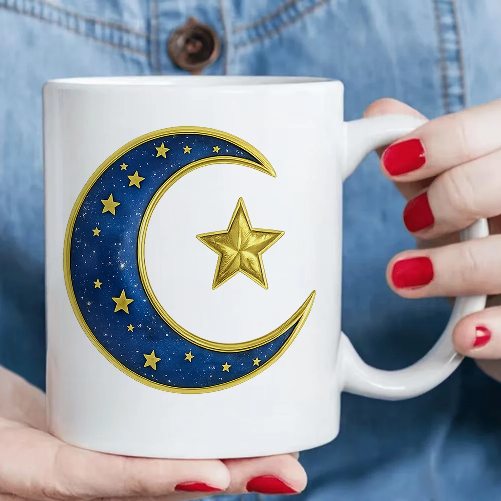 11oz Ceramic Coffee Mug with Blue Moon and Gold Star Pattern Perfect for Home Use Holiday Party Favor Christmas Birthday Present