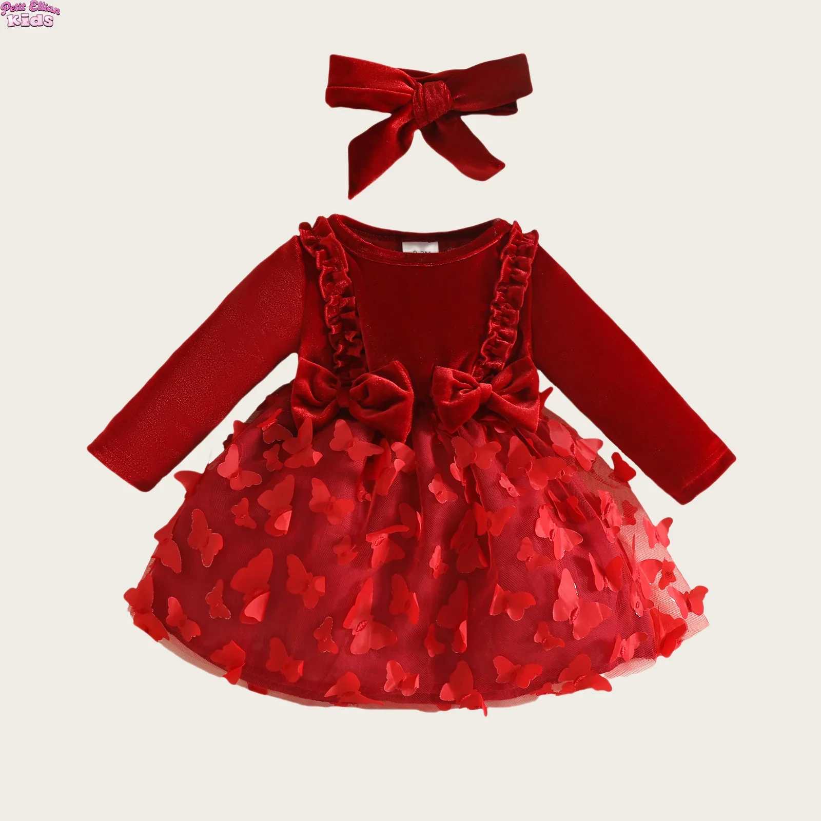 

Birthday Dress Baby Girl 0-18M Newborn New Style Velvet and Butterfly Tulle Dress Ruffle Bow Princess Party Infant Dress Gown