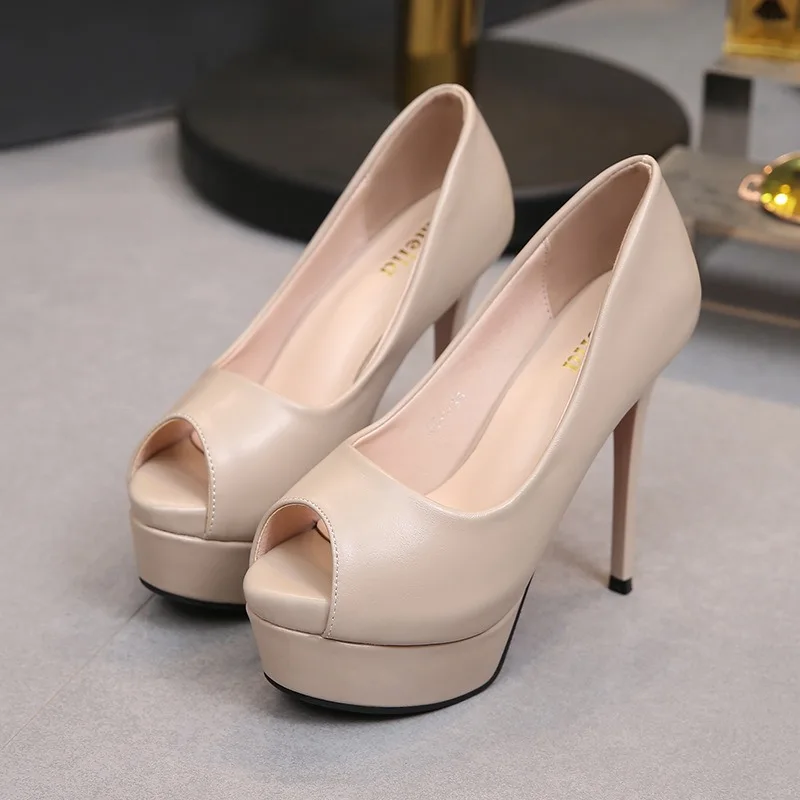 2024 Women 14cm High Heels 3cm Platform Peep Toe Pumps Crystal Nightclub Soft Leather Red Bottom Drag Queen Bridal Shoes