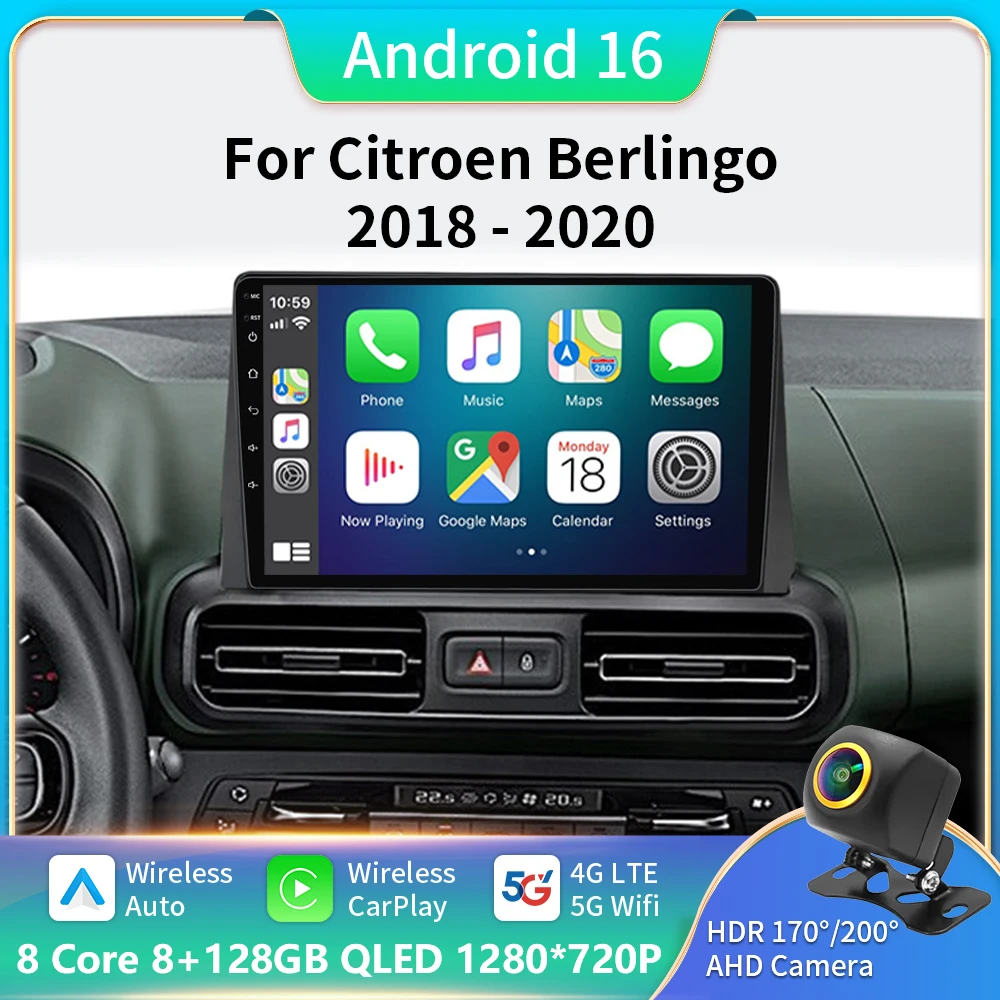 

Android 16 Carplay Car Radio Stereo Multimedia Video Player For Citroen Berlingo 2018 - 2020 9 Inch 2 Din autoradio Carplay 5G