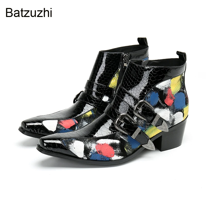 

Batzuzhi Luxury Men's Boots Pointed Toe Handmade Black Genuine Leather Boots Men 6.5CM High Heels Buckles Ankle Botas Hombre