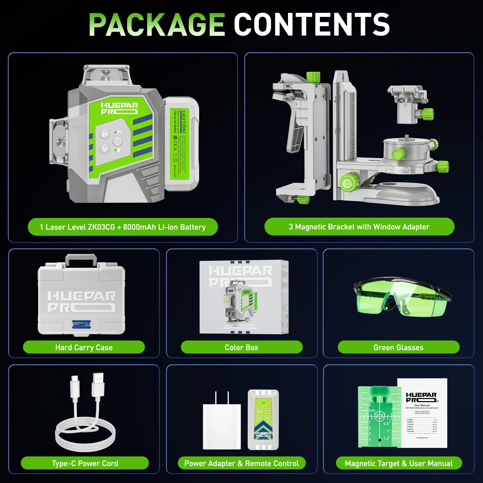 Huepar Professional 3D 12 Lines Laser Level ±2mm High Accuracy 3 x 360° Green Beam Cross Line Laser with 8000mAh Li-ion Battery