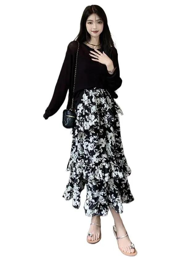 

New 2023 Autumn Fashion Sexy Black and White Printed Split Half Dress Spring Chic sweet Ink floral printed cake skirt S - 7XL