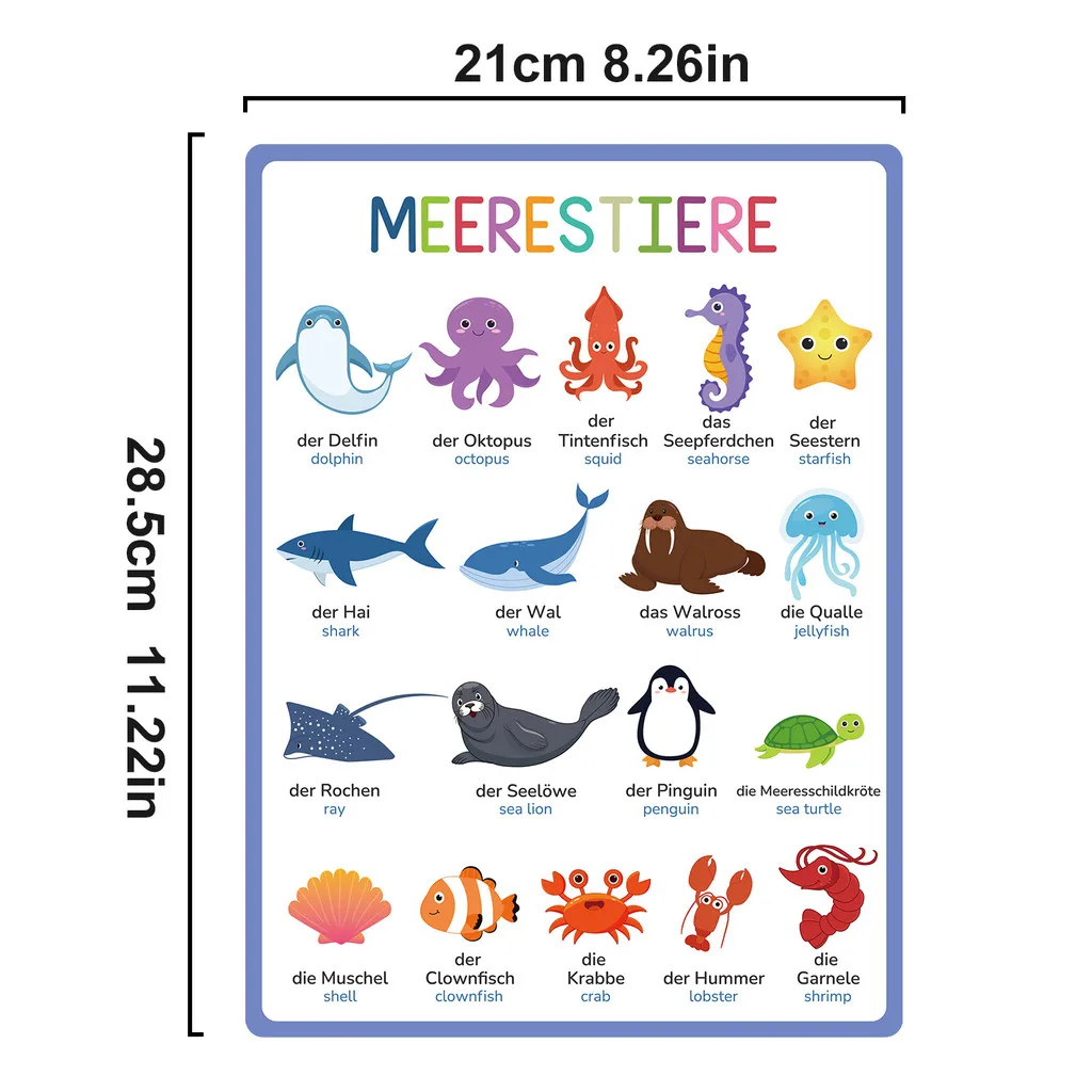 10Pcs German-English Bilingual Learning Posters Preschool Kindergarten Elementary German Vocabulary Educational Poster for Kids