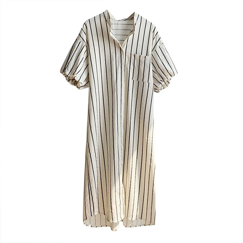 2024 Spring French Gentle Style Standing Neck Dress Women's  Stripe Mid length Bubble Sleeve dress