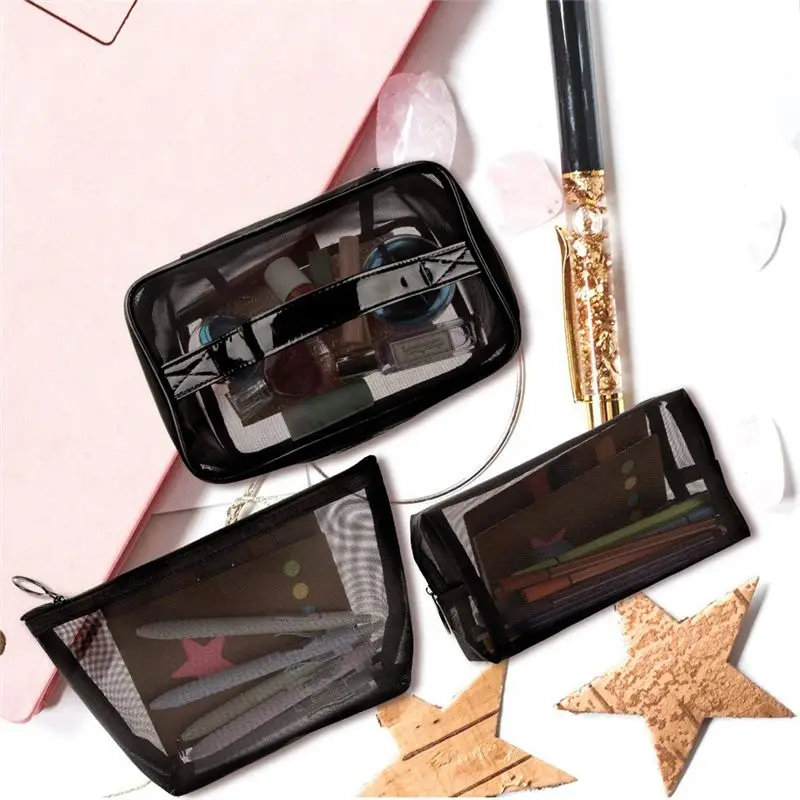 【elevate-life】3-pecas-de-necessaire-com-ziper-para-maquiagem-e-higiene-pessoal-bolsa-de-cosmeticos-de-malha-preta-para-viagem-bolsa-de-maquiagem-de-malha-transparente-para-armazenamento-ab