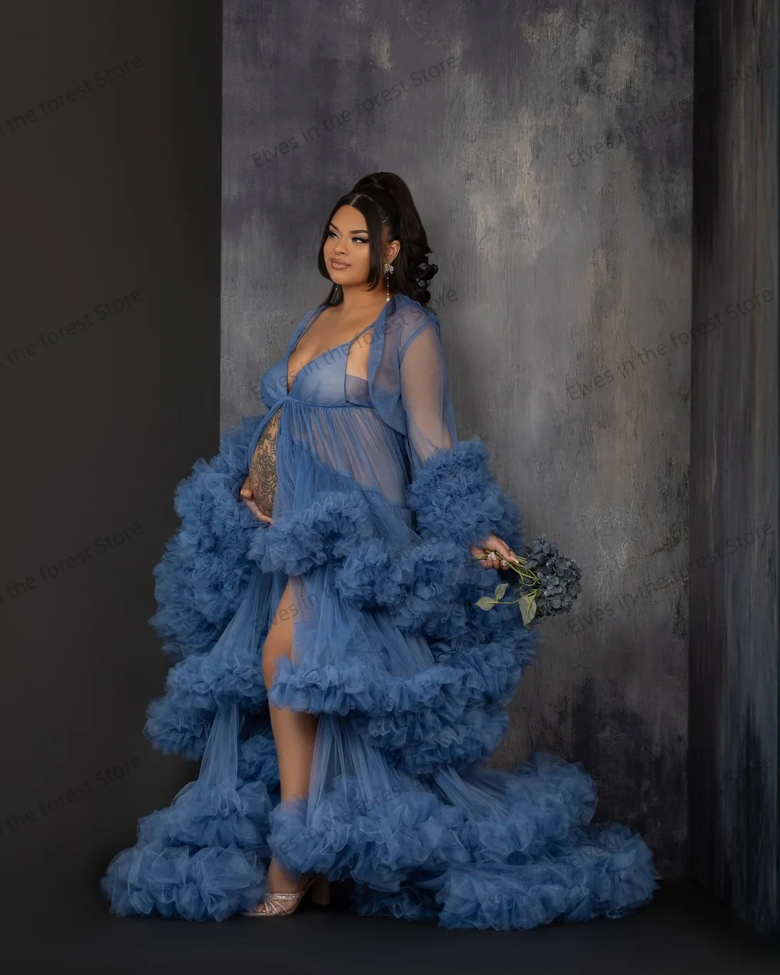 A Line الأزرق الأمومة الجلباب مثير الخامس الرقبة المتدرج تكدرت فساتين النساء الحوامل شير مخصص التصوير فساتين استحمام الطفل #4