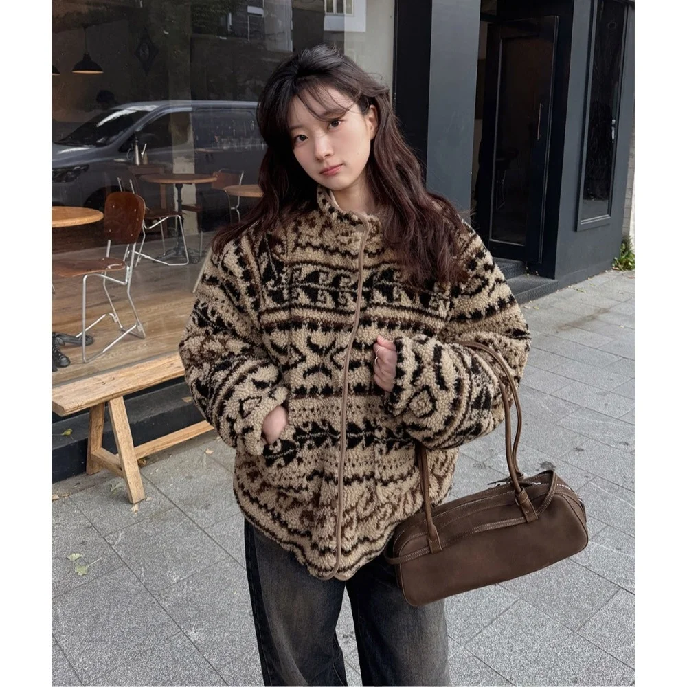 

Korean Sle Double-Sided Wear Lamb Fur Jaet Women's Winter New Warm Anti-Aging Cotton Clothes Retro Patterned Outerwear