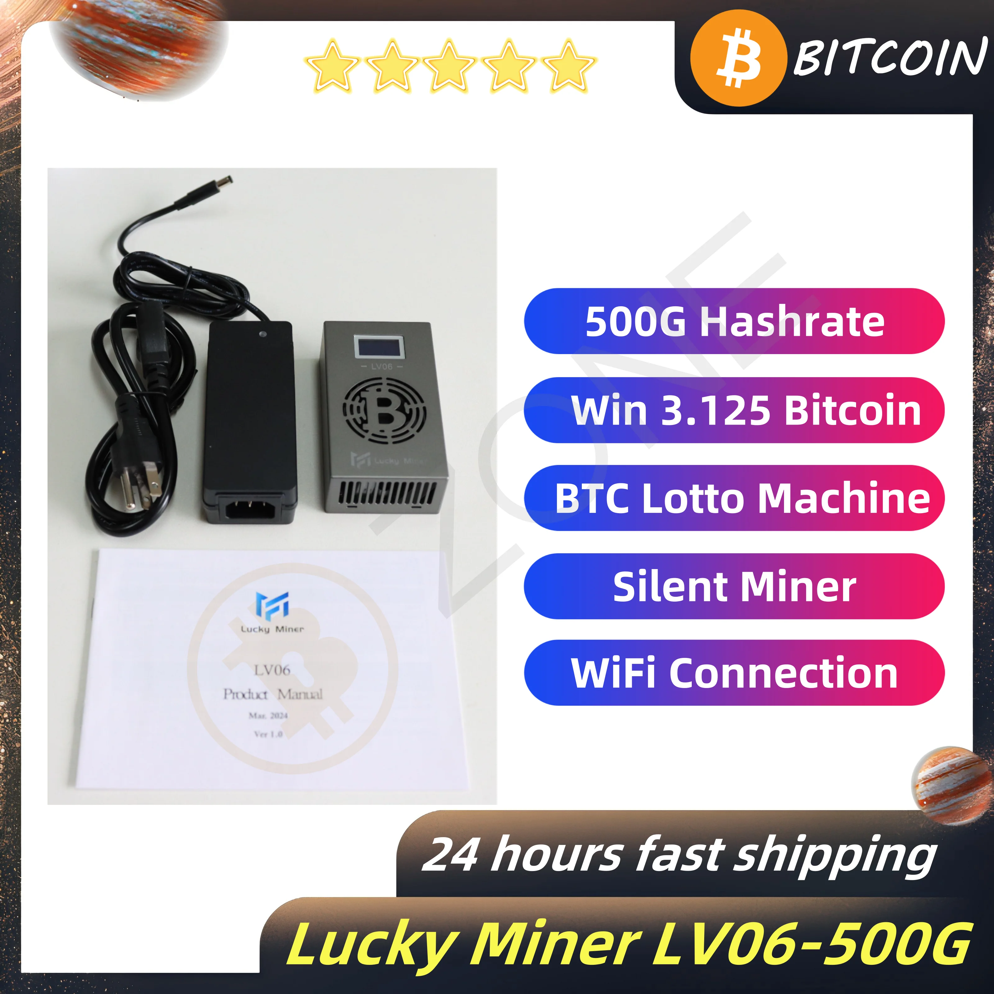 

Bitcoin Solo Lotto Mining Machine Lucky Miner LV06 500G Hashrate BTC Lotto Machine 15W WiFi Connection with 5V 6A Power Supply