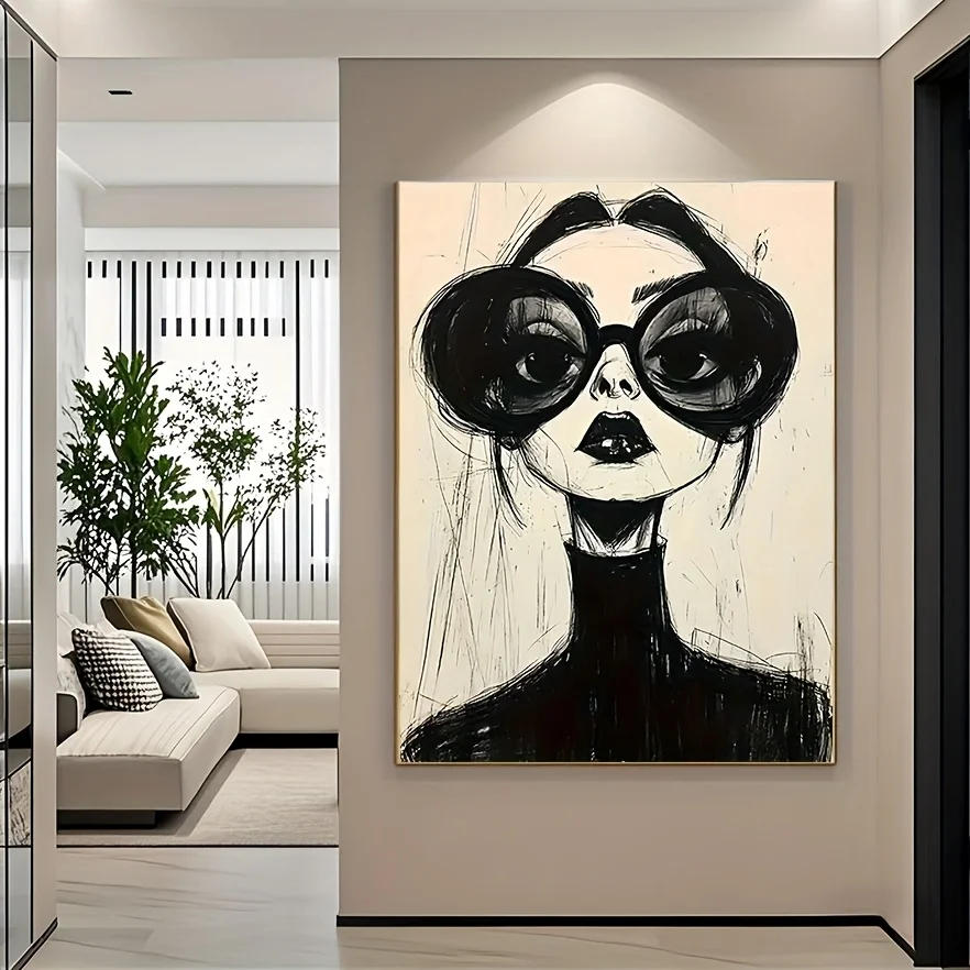 (No frame)A Black And White Portrait Painting with a Wooden Frame, Perfect for Decorating Spaces Like Bedrooms And Living Roo