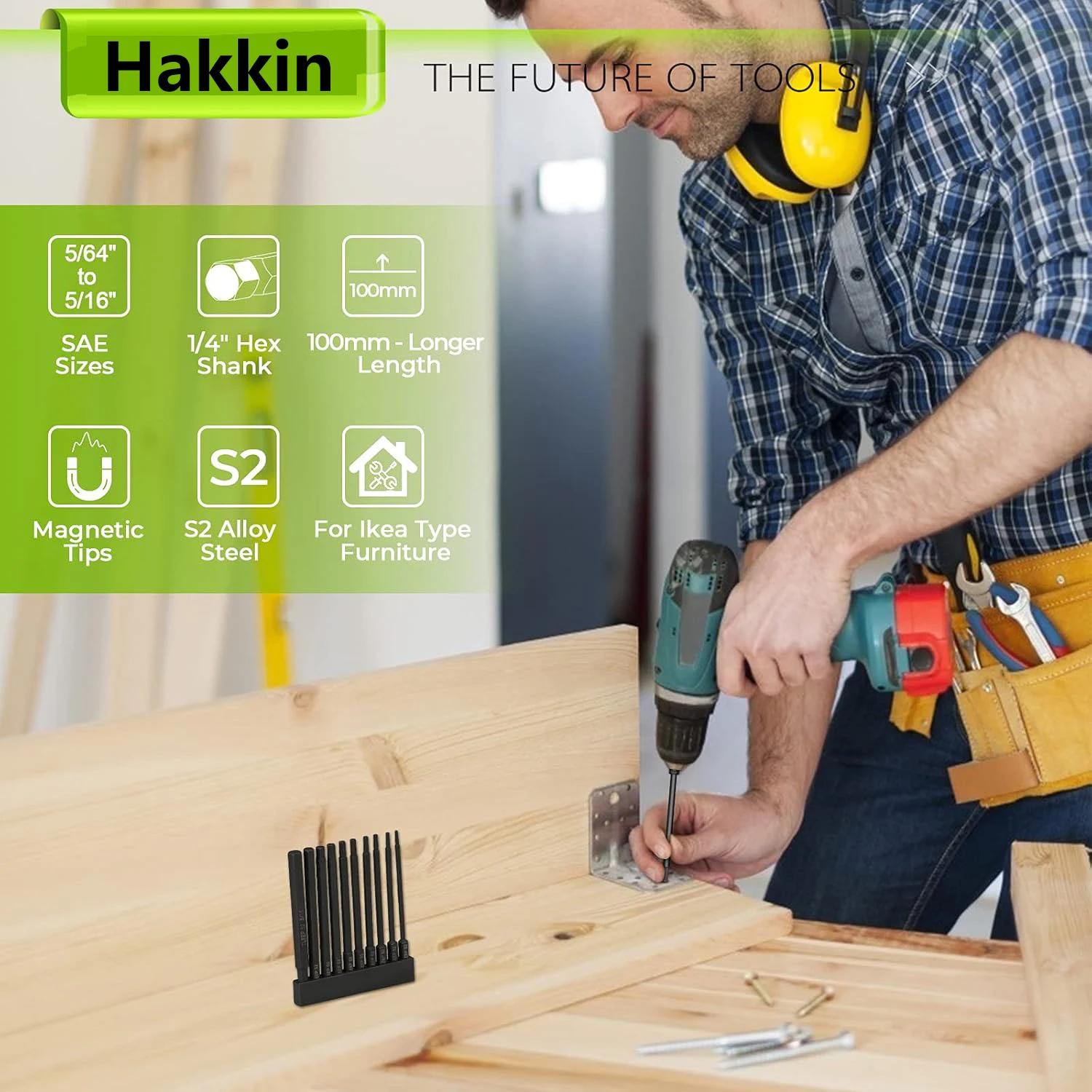 Juego de puntas de destornillador con puntas magnéticas de acero S2 SAE de 5/16 "a 5/64" y métrico de 12 mm a 1,5 mm para muebles tipo Ikea
