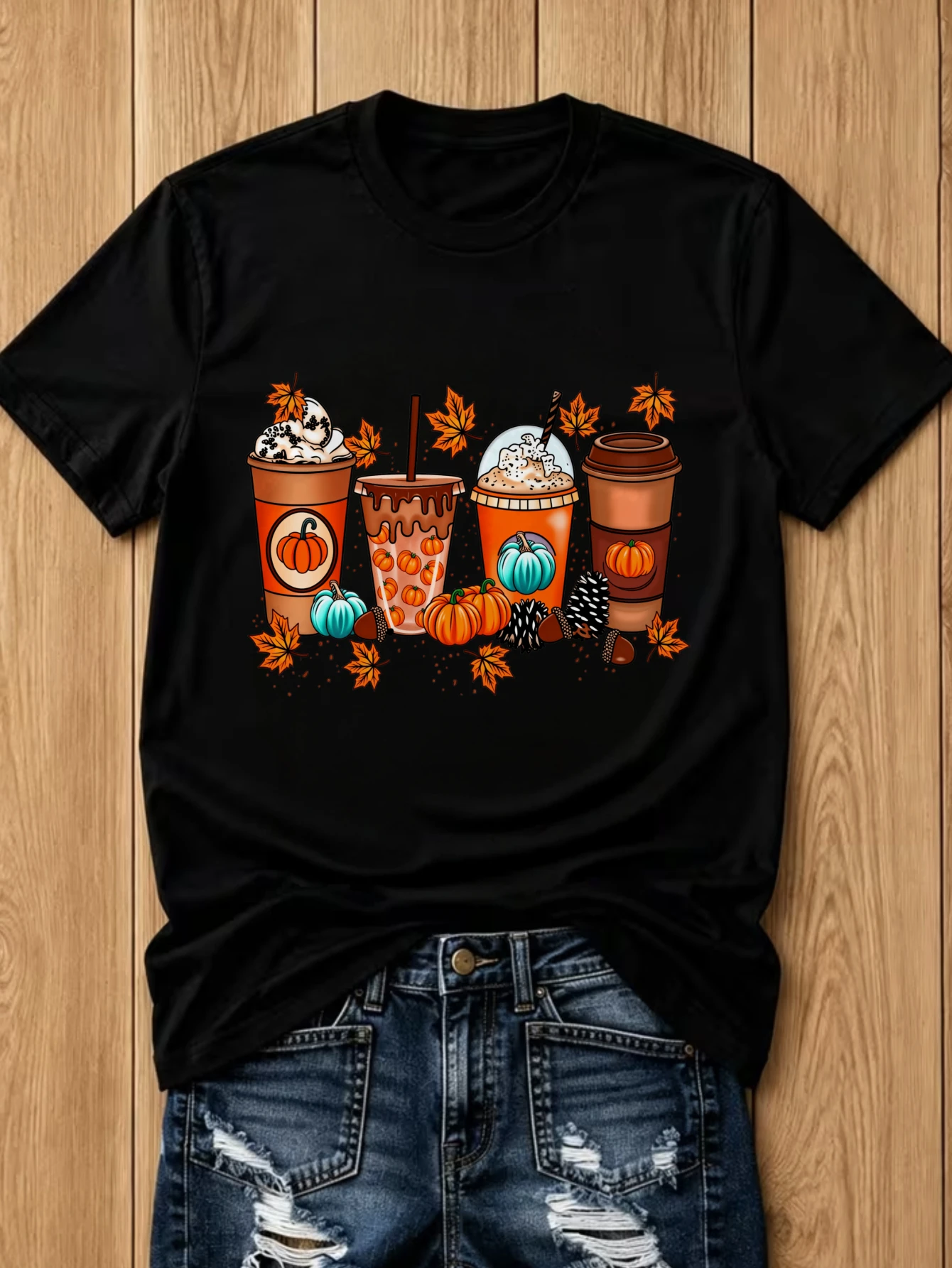 Women'S Spring and Autumn Short Sleeve Crew Neck Graphic T-Shirt Autumn Pumpkin Spice Drinks and Fall Leaves Pattern