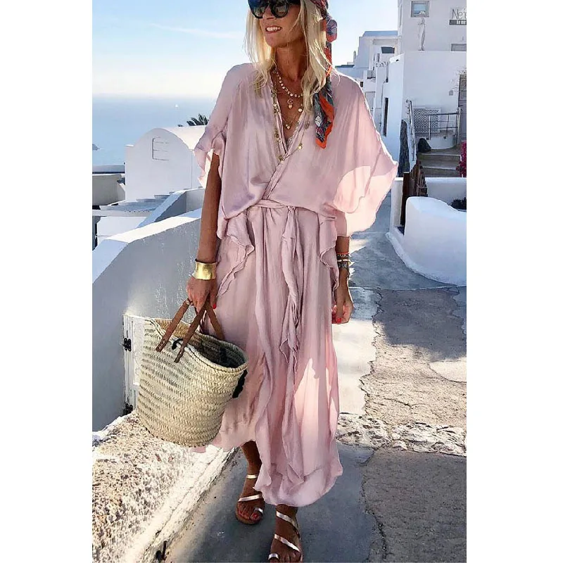 Casual Sommer Retro Einfarbig Kurzarm Party Kleid Frauen Elegante Rüschen Lange Kleid Mode Urlaub Boho Lose Damen Kleid