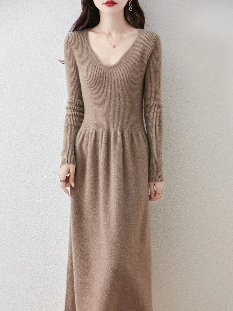 

utumn Winter Women V-neck Sweater Dress 100% Merino Wool Knitted Fit Pleaded Skirt Long Sleeve Office Lady Pullover Long Dress