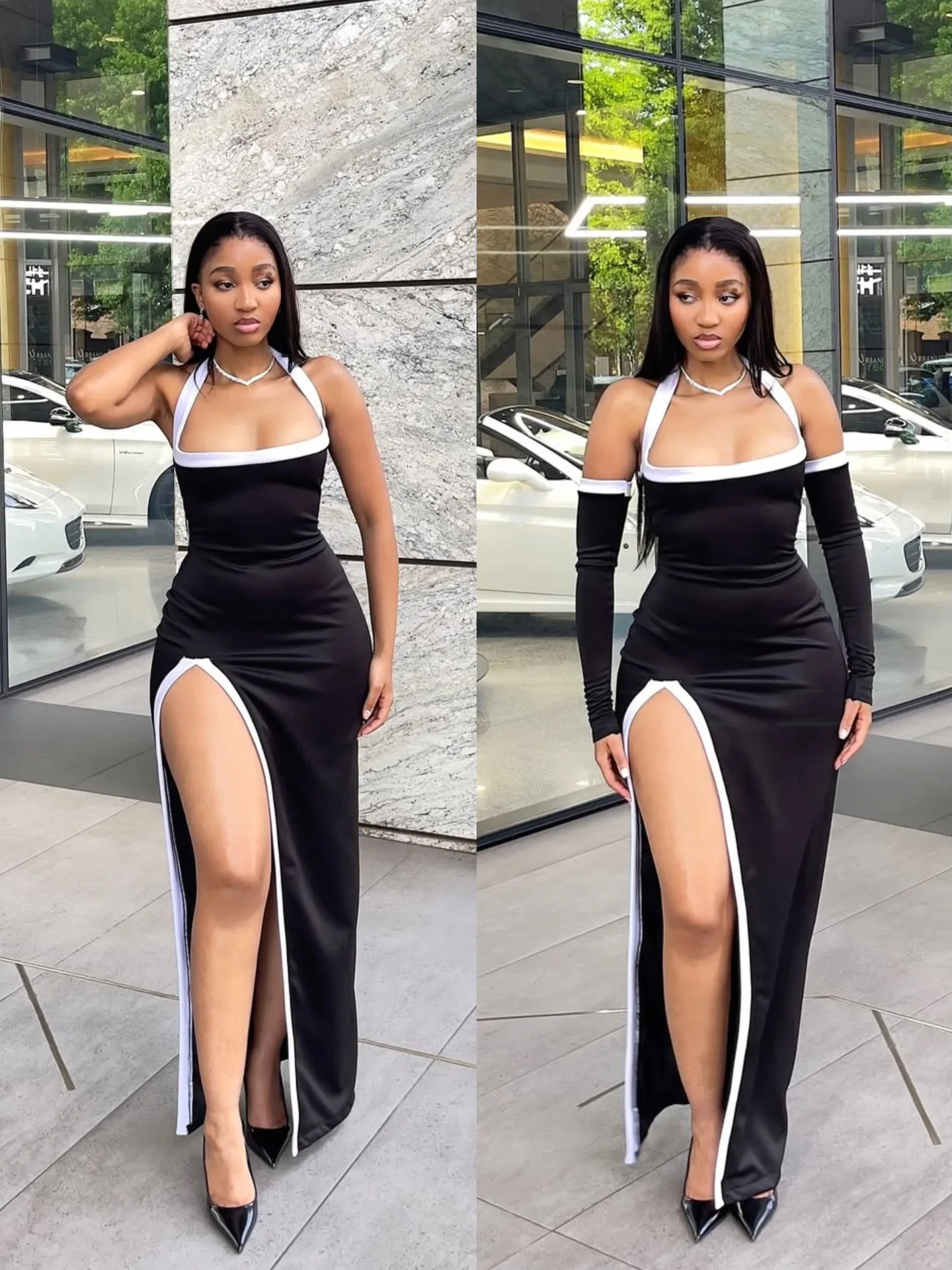 Y6063 レディース ホルターネック 長袖 ハイサイドスリット ボディコン ミディ丈 マキシ丈 ロングドレス 2025 誕生日 休暇 セクシー パーティー ドレス