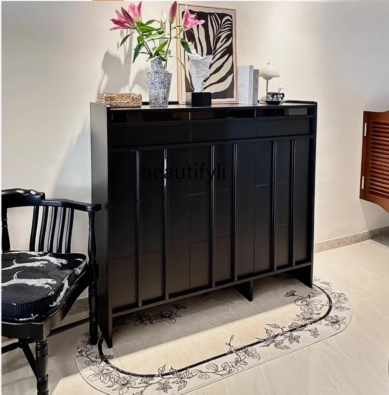 Vintage Cream Style Shoe Cabinet Entryway Living Room Rock Board Home Entrance Cabinet Large Capacity Hallway Cabinet