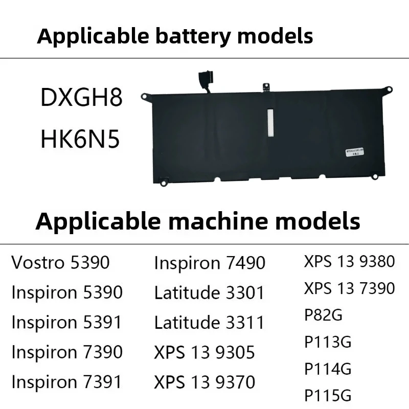 

DXGH8 HK6N5 Laptop Battery for Dell XPS13 9370 9305 9380 Inspiron 5390 5391 7191 7490 Latitude 3301 P82G P113G P114G H754V DGV24