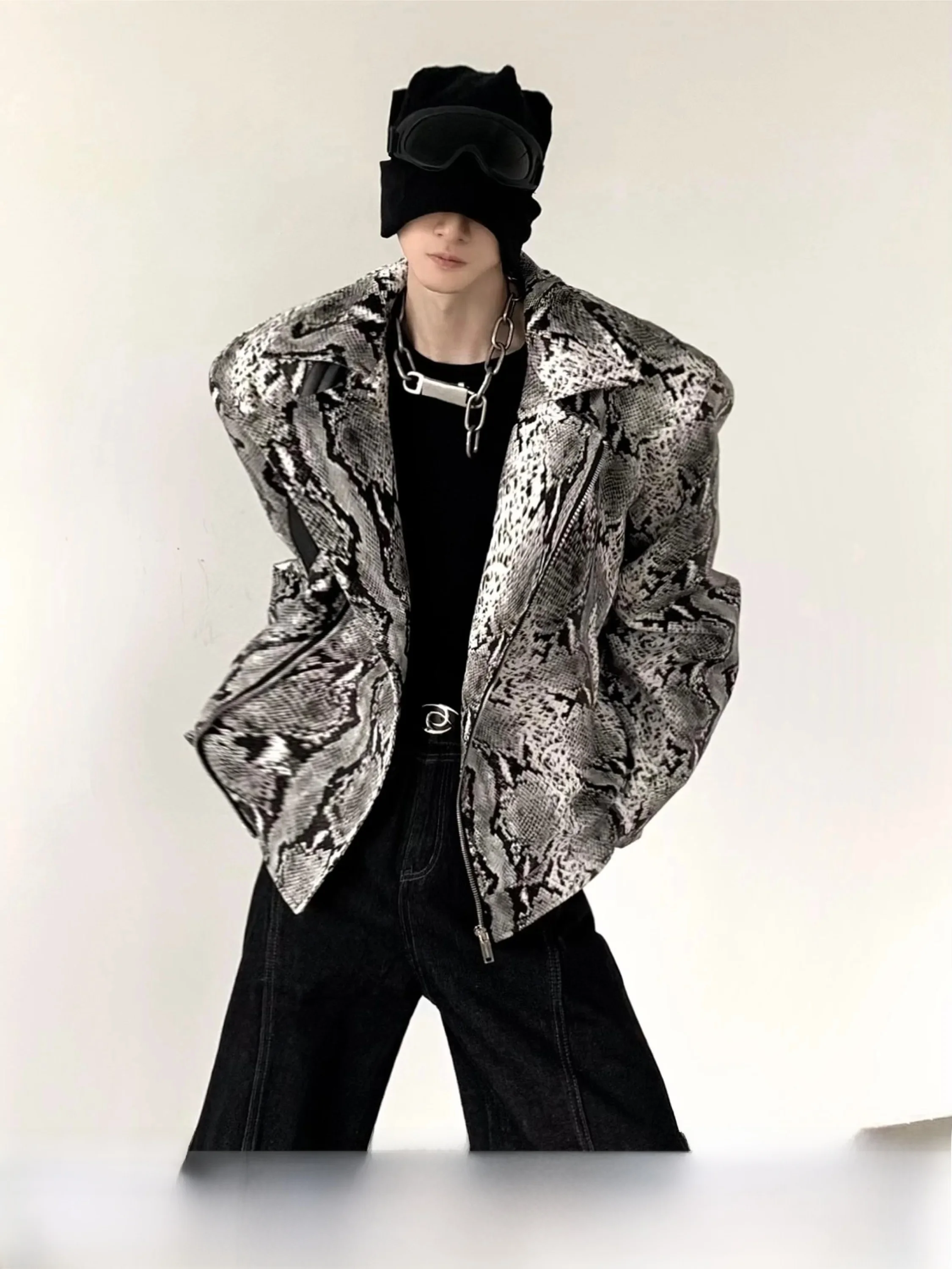 Autumn Mountain Wind Short Men's Leather Jacket Snake Skin Pattern Biker Style Anti-Wrinkle Spring Autumn Winter Youth Fashion