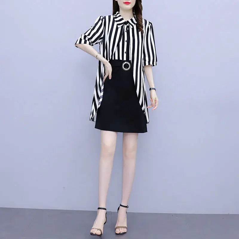 Fashion Female Striped Spliced Fake Two Pieces Midi Dress Casual Summer Chiffon Straight Belt Polo-Neck Single-breasted Dresses