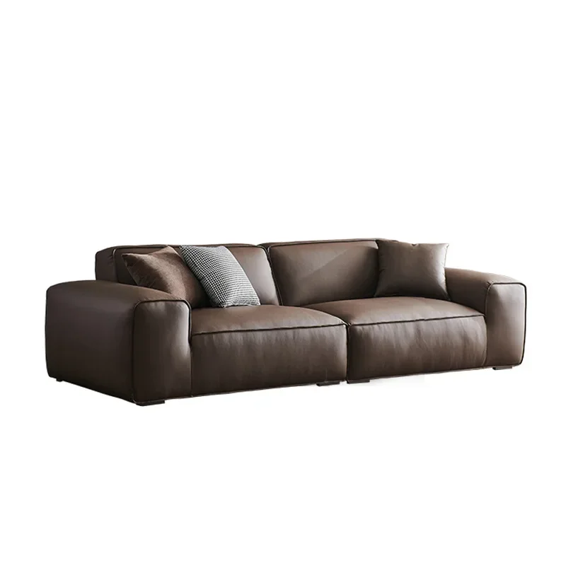 Italian minimalist, all-genuine leather first-layer cowhide sofa, living room tofu block straight row retro style sofa