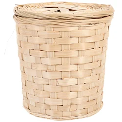 Luxshiny Rattan Round Waste Basket Lid Egg Basket Wicker Organizer Barrel Storage Tub Rattan Hamper Woven Trash Can Flower