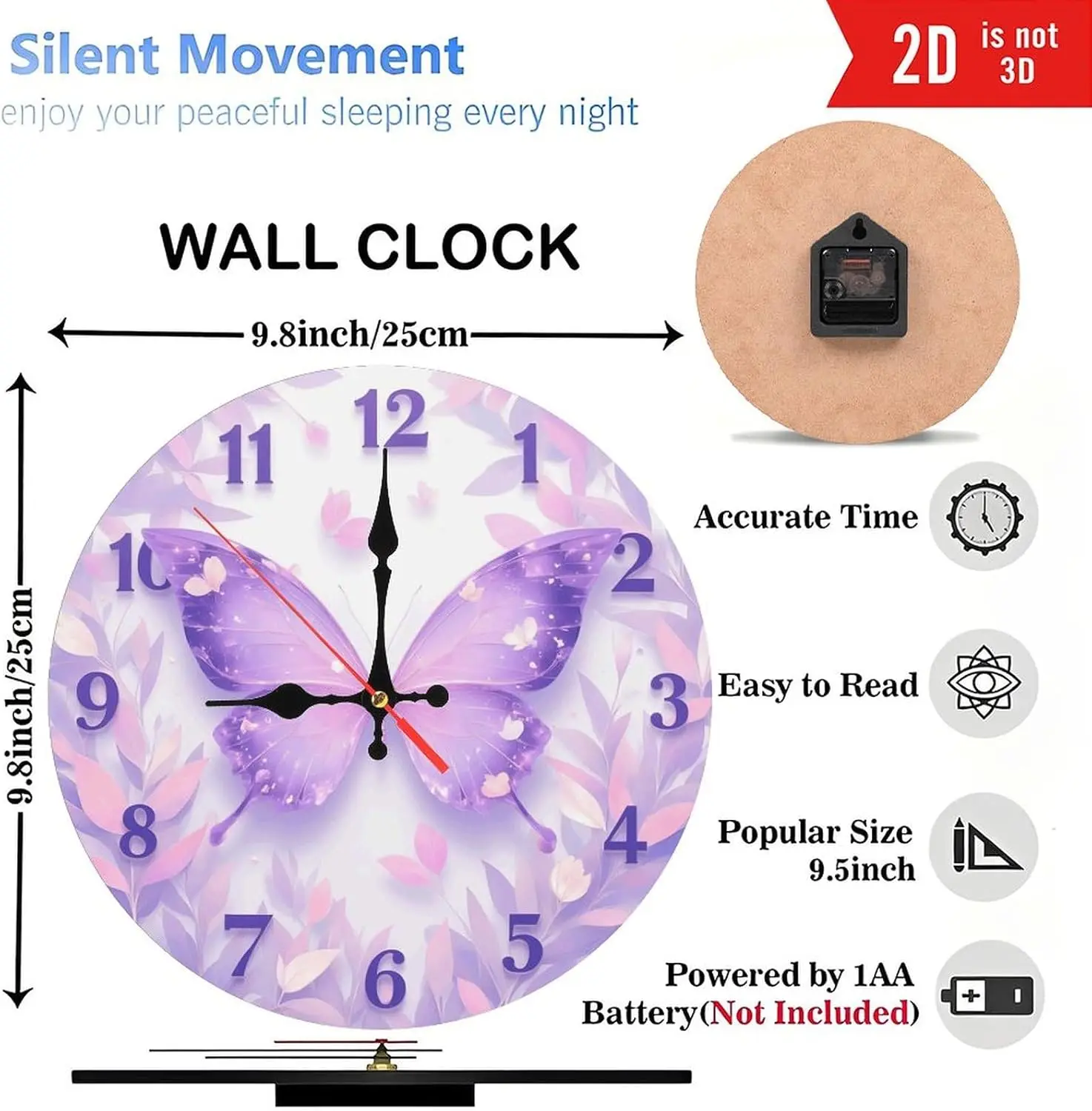 2D Purple Butterfly Wall Clock Lavender Floral Design Home Decor Wall Clock, Silent Non Ticking Battery Operated Clock